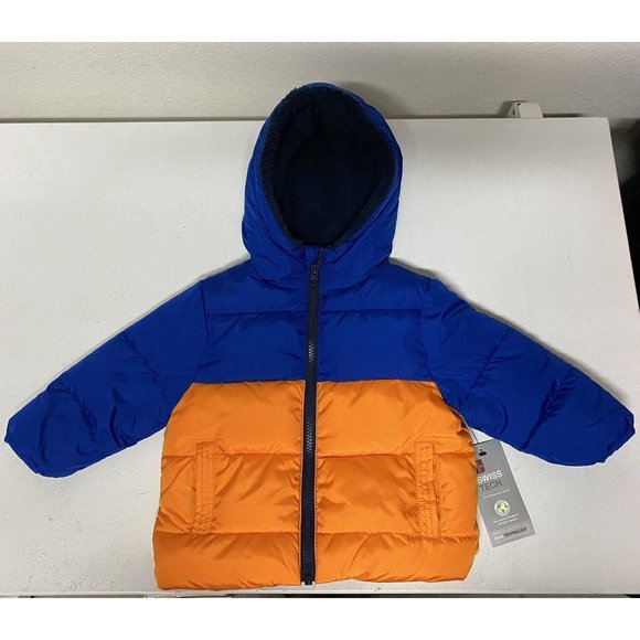 SWISS TECH Puffer Hoodie Jacket Toddlers Boys Size 12 Months Orange and Blue NWT - Picture 1 of 4